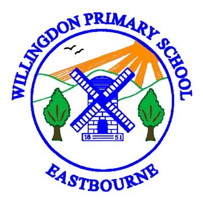 Image displays the logo of Willingdon Primary School, the logo is a windmill with hills behind it, two trees either side and the sun in the background.