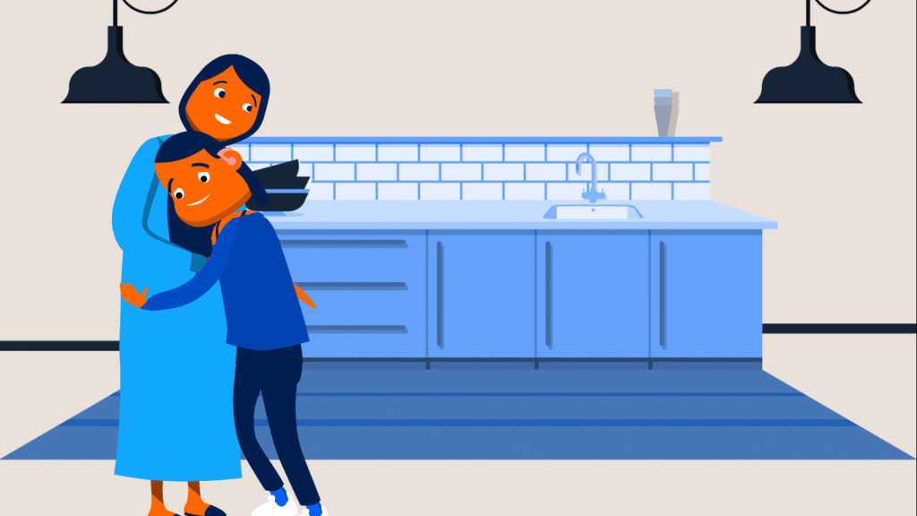 An illustration of a smiling adult and child standing in a kitchen. The child, wearing a blue top and hearing aid, hugs the adult, who leans down kindly and smiles in return, showing warmth and comfort.