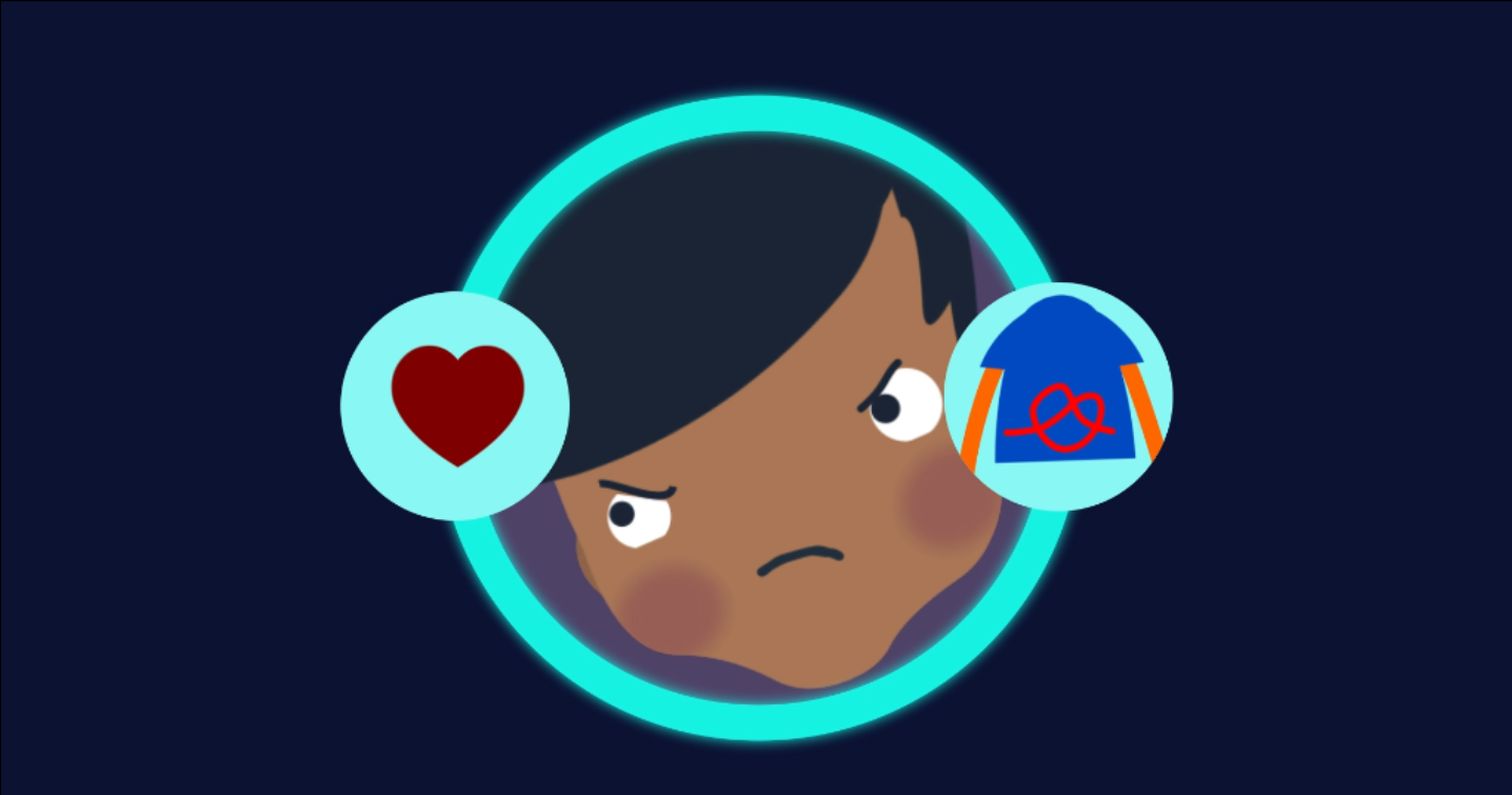 An animated illustration of a child with a serious, determined expression inside a glowing blue circle. On one side is a heart icon, and on the other is a blue shirt with a red knot, representing the child learning to recognise early warning signs of fear and danger.