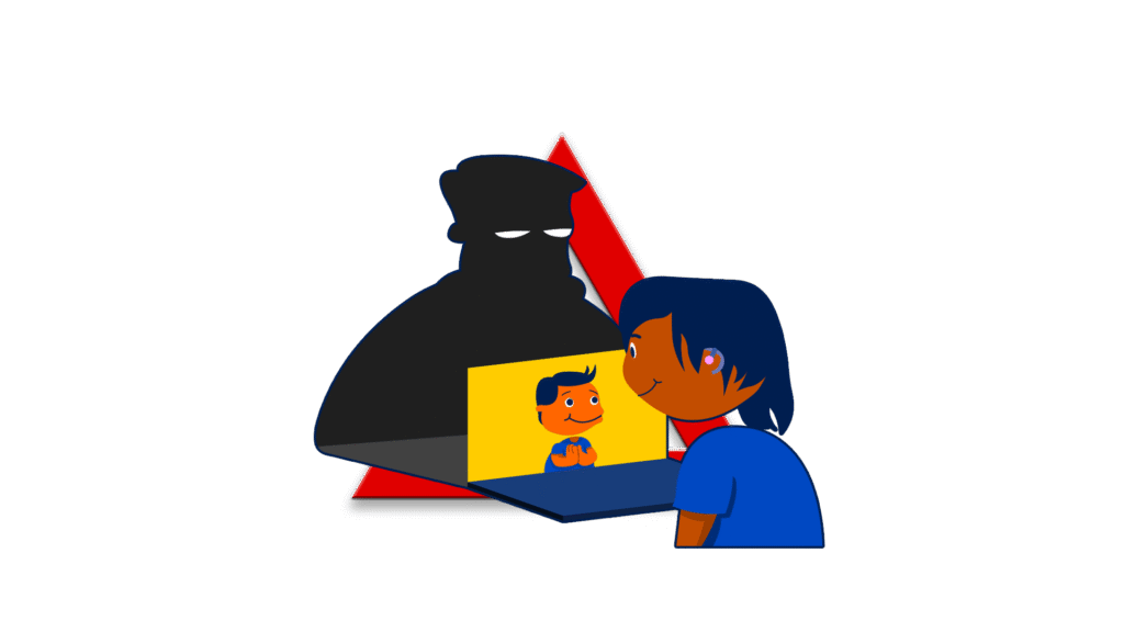 An illustration of a deaf child smiling at a laptop screen showing a friendly cartoon boy. Behind the screen, a dark shadowy figure with white eyes looms, symbolising the danger of online strangers. A red warning triangle highlights the threat.