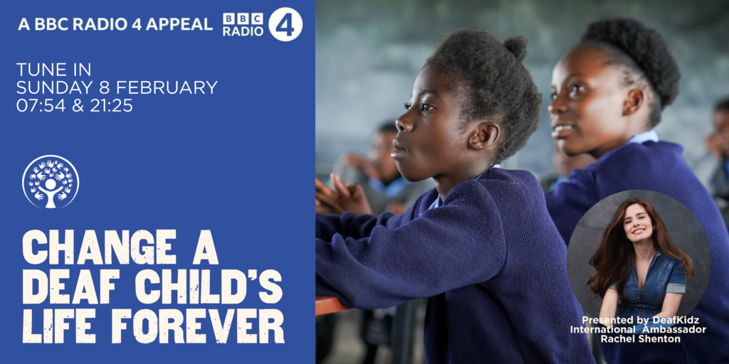 A blue banner promoting the NNC Radio 4 Appeal. The copy advises you can listen to the appeal at 745am and 915pm on Sunday 8 February and change a deaf child's life forever. There is an image of a young girl in a classroom intently focussed.